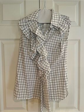 MONSE White and Black Grid Ruffle Sleeveless Blouse